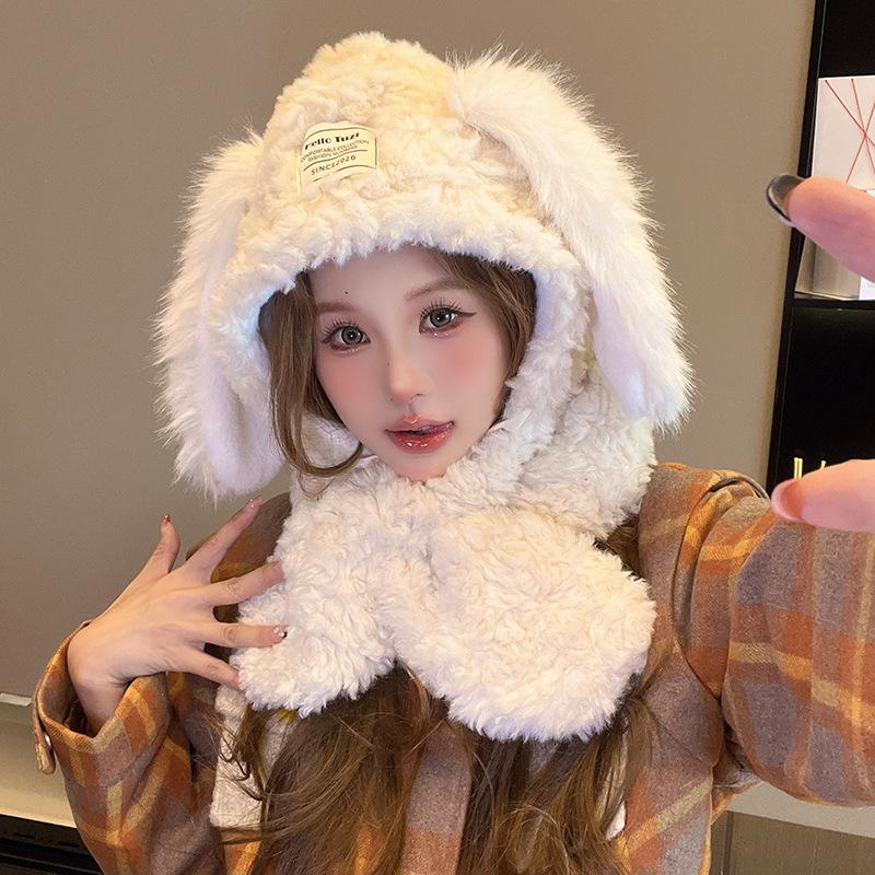 Cute Plush Rabbit Ear Hat for Women In Autumn and Winter Thick Pullover Hat Ear Protection and Warmth Lei Feng Hat Scarf Integrated Hat
