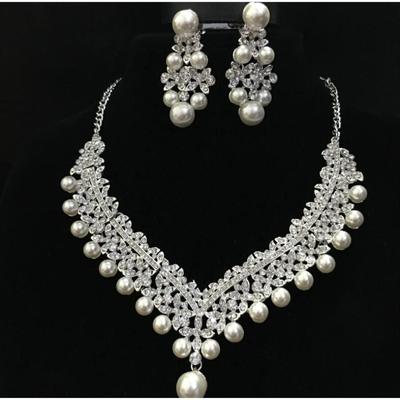 Stylish and Elegant Bridal Accessories, Pearl Necklace Earrings, Alloy Rhinestone Pearl Two-piece Set