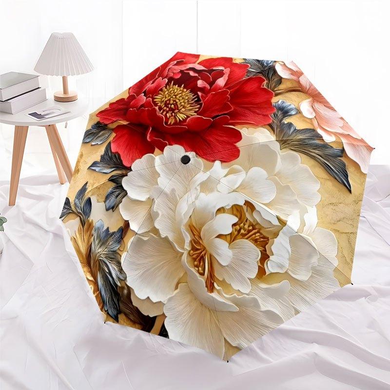 8-Rib Sturdy Peony Pattern Umbrella | Automatic Open, Foldable, Ideal for Outdoor Activities, Beach Travel, Fashionable and St