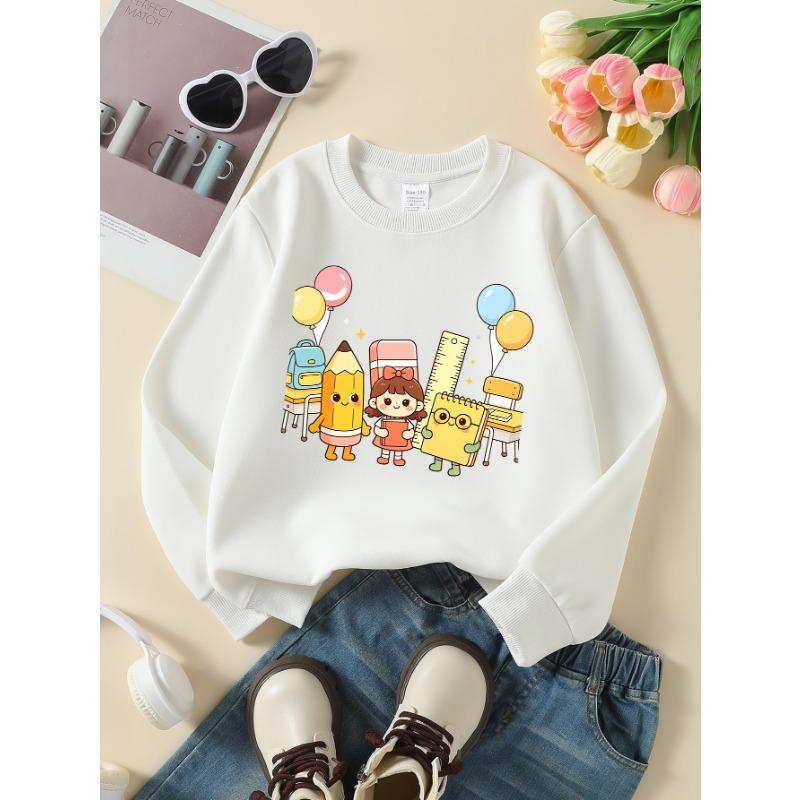 European Sizes Kids' Sweatshirts, Girls' Autumn Winter School Supplies Print Long Sleeve Round Neck Sweatshirt, Casual Daily Wear.