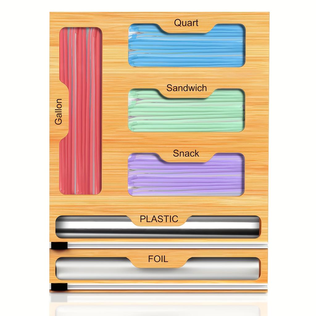 Bamboo Kitchen Organizer for Ziplock Bags,Foil&Plastic Wrap-Multi-Compartment Drawer Storage with Built-in Cutter,Leak-Proof Reusable Food-Safe Design
