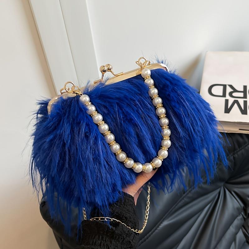 Geantă Satchel Elegantă din Blană Artificială cu Mâner de Perle Geantă de Seară Pufoasă și Moale Portofel de Damă la Modă Geantă de Mână Culoare Solidă cu Închidere Tip Kiss
