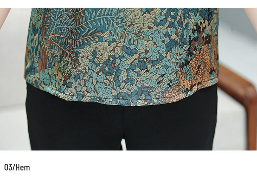 Women's Loose-Fit Mulberry Silk Top - Short Sleeves, Plus Size, Slimming, Printed Summer T-shirt