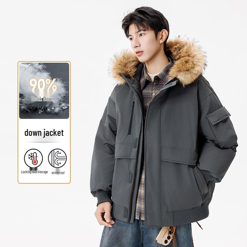 Men's and Women's Thickened Winter Down Jacket with Fur Collar, 90% White Duck Down Hooded Parka.