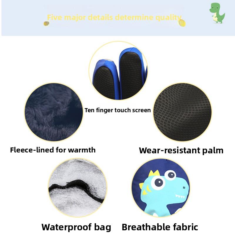Cartoon Five-Finger Ski Gloves for Boys Dinosaur-Themed Warm Cycling Gloves for Elementary School Students Winter Cold-Proof