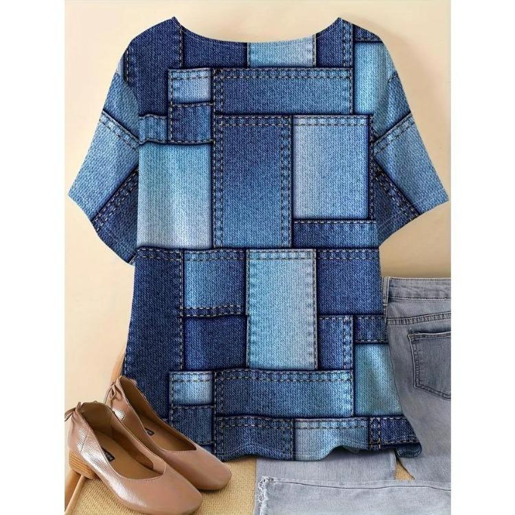 Comfortable Plus Size Casual Crew Neck Short Sleeve T-Shirt Soft Stretch Polyester Patchwork Print Spring Summer Top