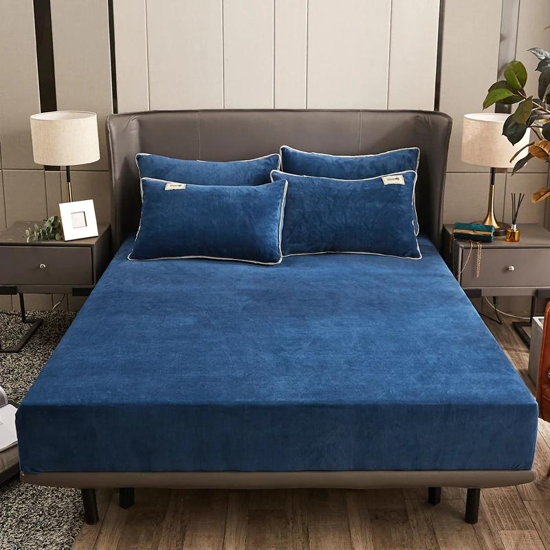 Winter Plush Fitted Sheet Elastic Double Bed Sheet Warm Bedspread Solid Color Mattress Cover Bed Linen Protector (No Pillowcase)
