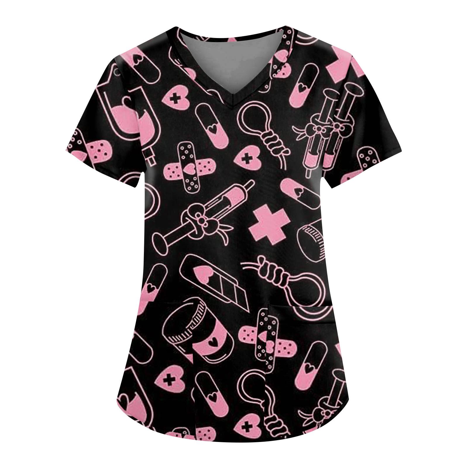 

Женские топы с короткими рукавами и v-образным вырезом с цветочным принтом, рабочая униформа, карманная блузка