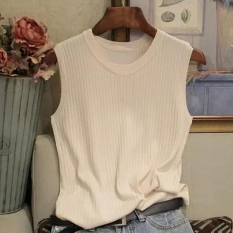 Summer Fashion Women Knitted Vests Shirts Tops Lady O-neck Sleeveless Solid Color Casual Thin Tops