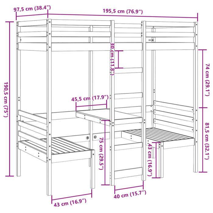 VidaXL Mezzanine Bed with Desk and Chairs White 90x190 Cm Solid Pine, Mezzanine Bed Frame, Cabin Bed Frame, 3308560