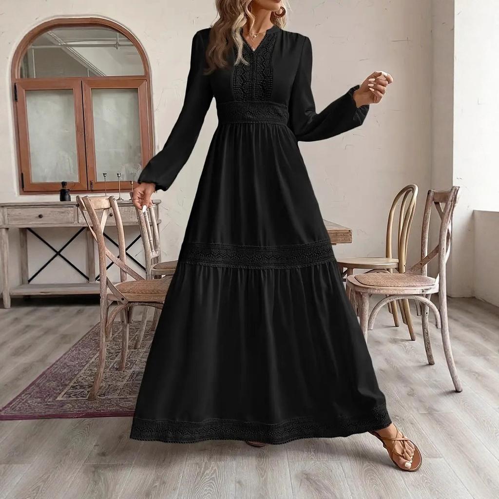 European and American Women's Clothing Elegant Temperament Holiday Style Lantern Sleeve Long Dress Lace Hollow Pendulum Dress