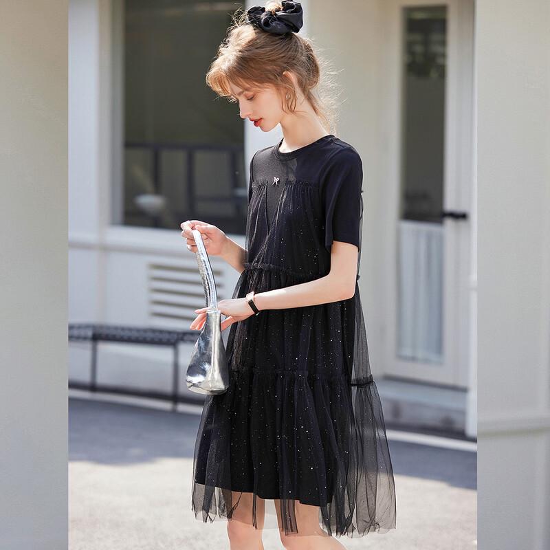 Women's Glitter Mesh Patchwork T-Shirt Dress