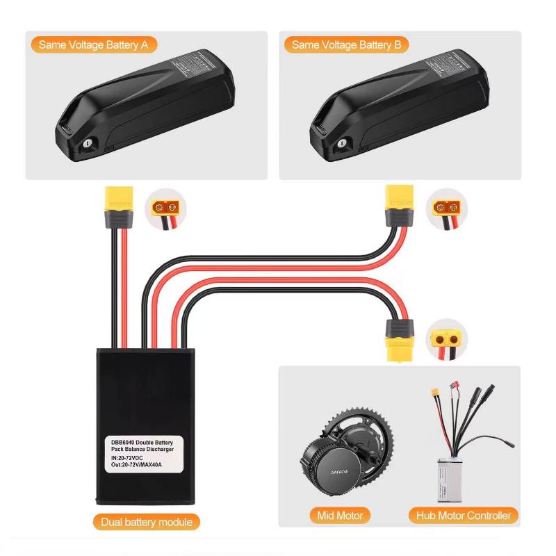 Electric Bike Dual Battery Discharge Converter 24-72VDC Dual Battery Pack Switch Balancer Double Parallel Module with XT90 P