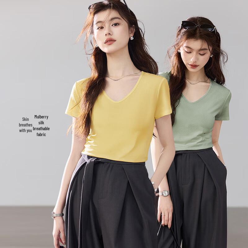 VICTORIA&VERA Women's Ribbed High-Stretch Mulberry Silk Short Sleeve T-Shirt