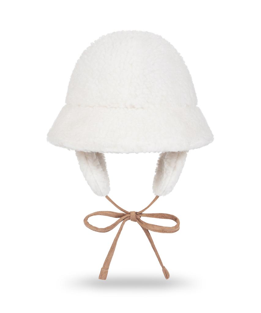 Bajal Va Curved Logo Sherpa Fur Flap Bucket Hat Cream