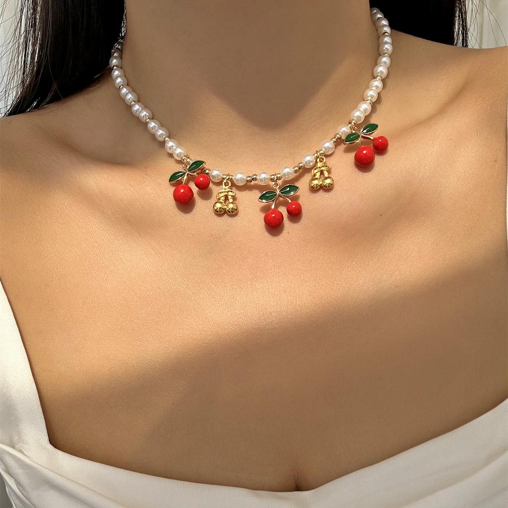 Charm Flower Bowknot Cherry Strawberry Pendant Necklace for Women Fashion Gold Color Metal Choker Chain Dainty Party Jewelry