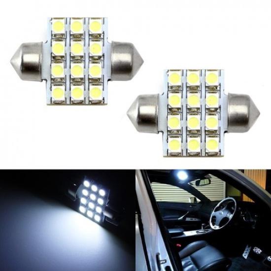 

(2) White 12-SMD LED Bulbs For Car Interior Dome Lights 1.25 31mm DE3175 DE3022