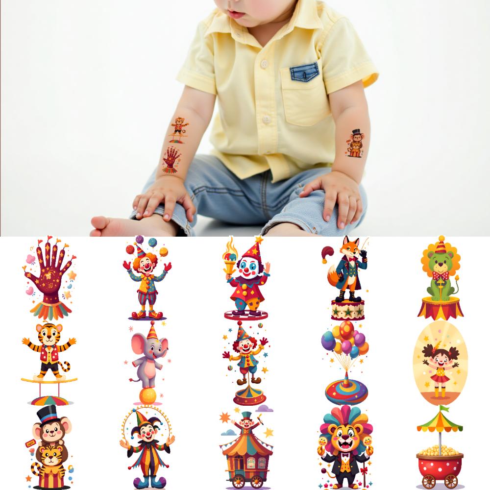 54 peças Tatuagem Temporária Personagens de Circo Adesivos de Tatuagem Temporária Elefantes Fofos Desenho Animado Para Meninas Crianças Homens