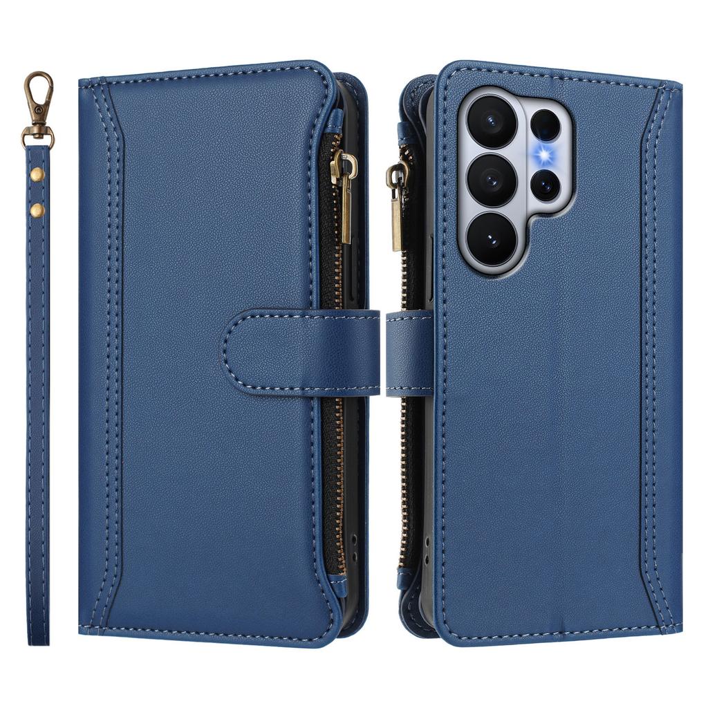 For Samsung Galaxy S26 Ultra Leather Case 9 Card Slots Zipper Wallet Stand Phone Cover with Wrist Strap