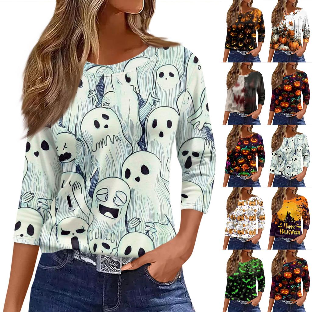 Women's Halloween Print Casual Loose Fit Round Neck Three Quarter Sleeve Shirt Lightweight Comfortable Top for Fall Season