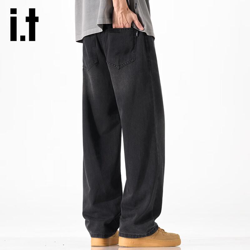 izzue it Men's Washed Black Loose Straight Denim Shorts