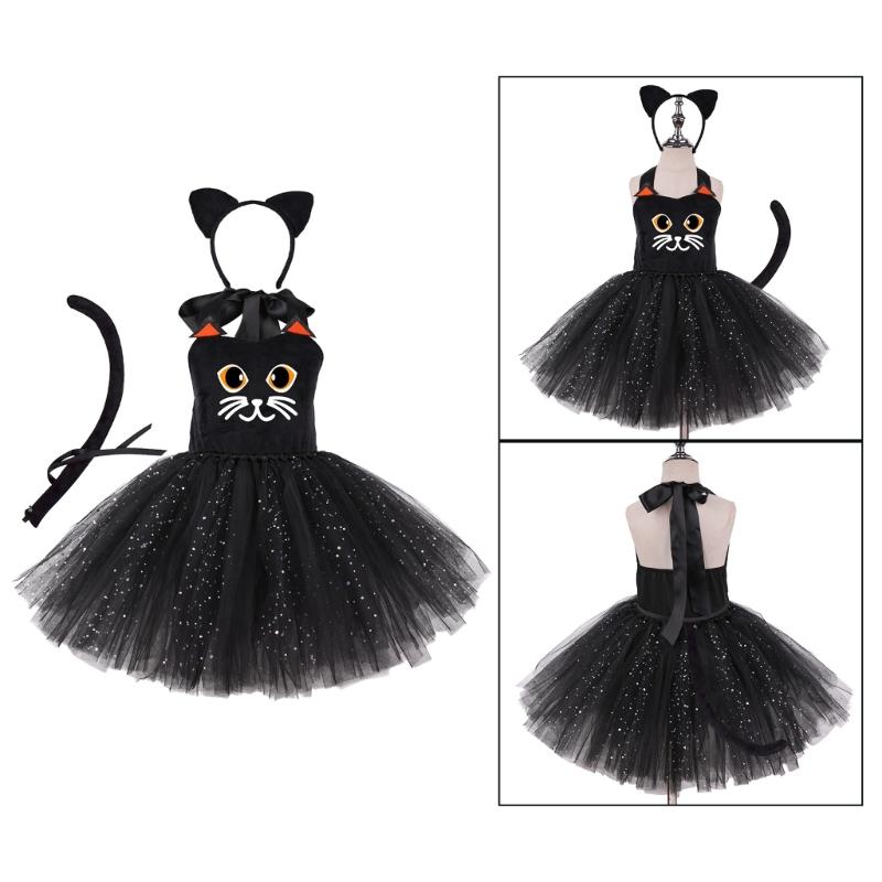 Animal Cats Costume Accessories with Cats Ears Headband Tutus Dress for Kids Girls Halloween Cosplay Party Props