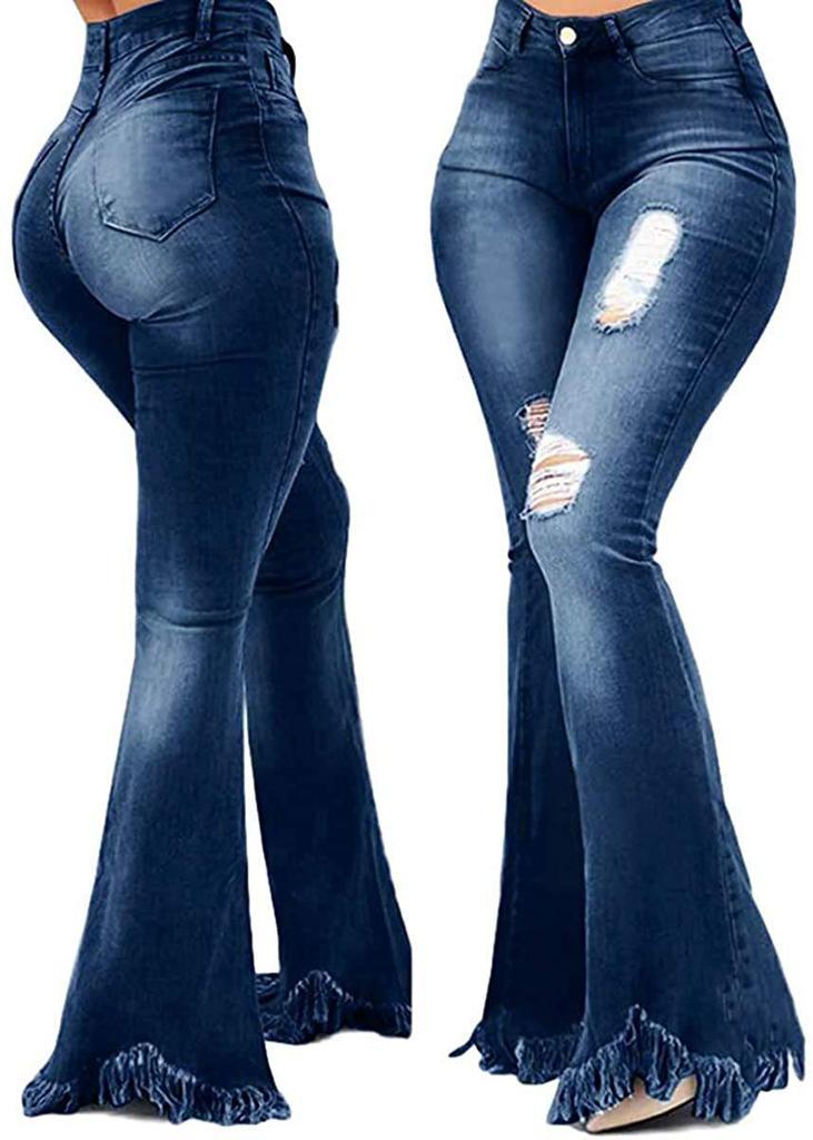 2022 European & American Women's High Elastic Ripped Flare Jeans