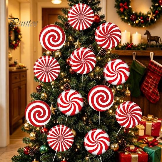 Reusable Outdoor Christmas Ornaments 12Pcs Candy Yard Stakes, Hollow Board Garden Decor with Metal Spikes, Easy Install Lawn Signs Red White Green for