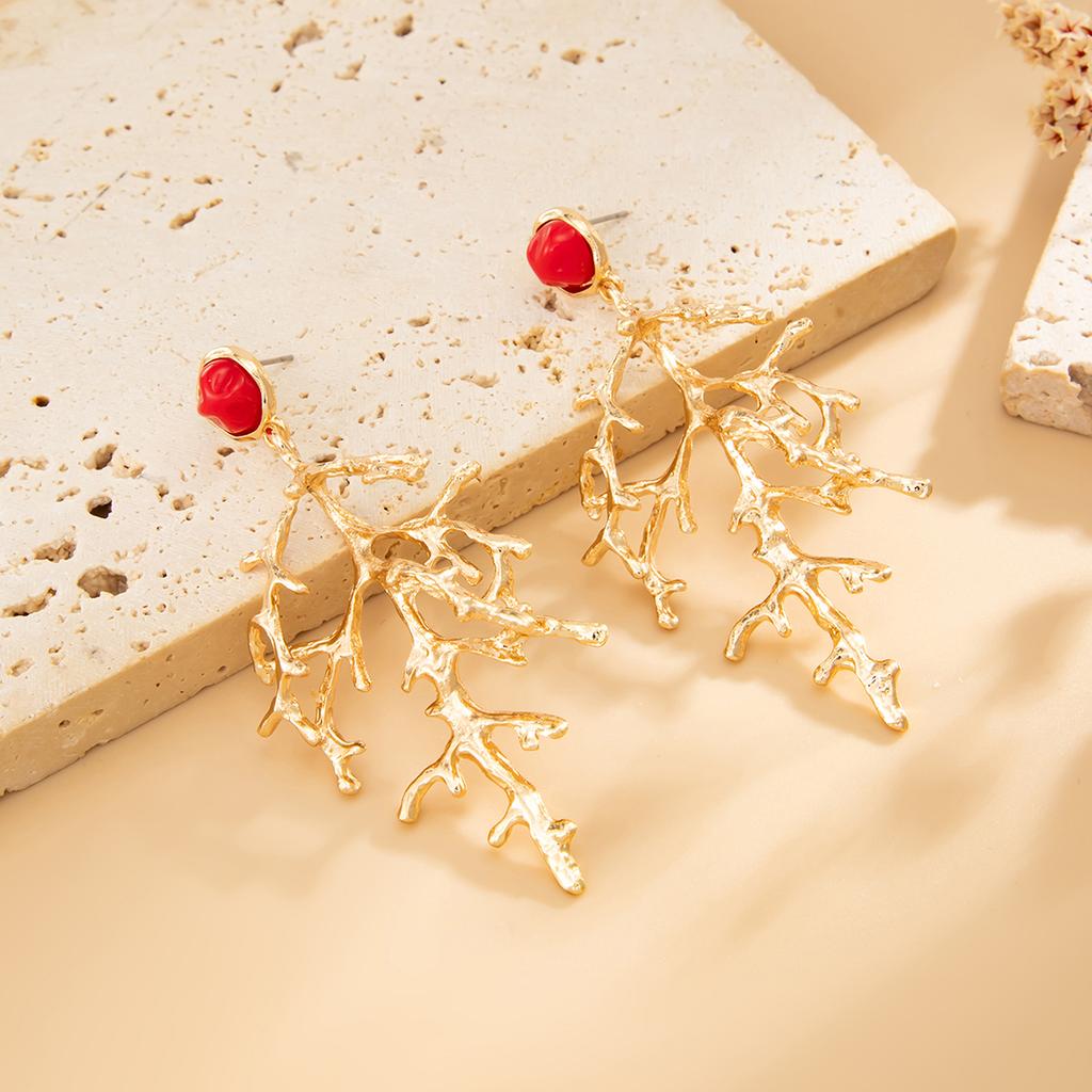 SHIXIN Retro Coral Pendant Earrings for Women Creative Geometric Tree Drop Earrings Fashion Jewelry Gifts Ear Accessories