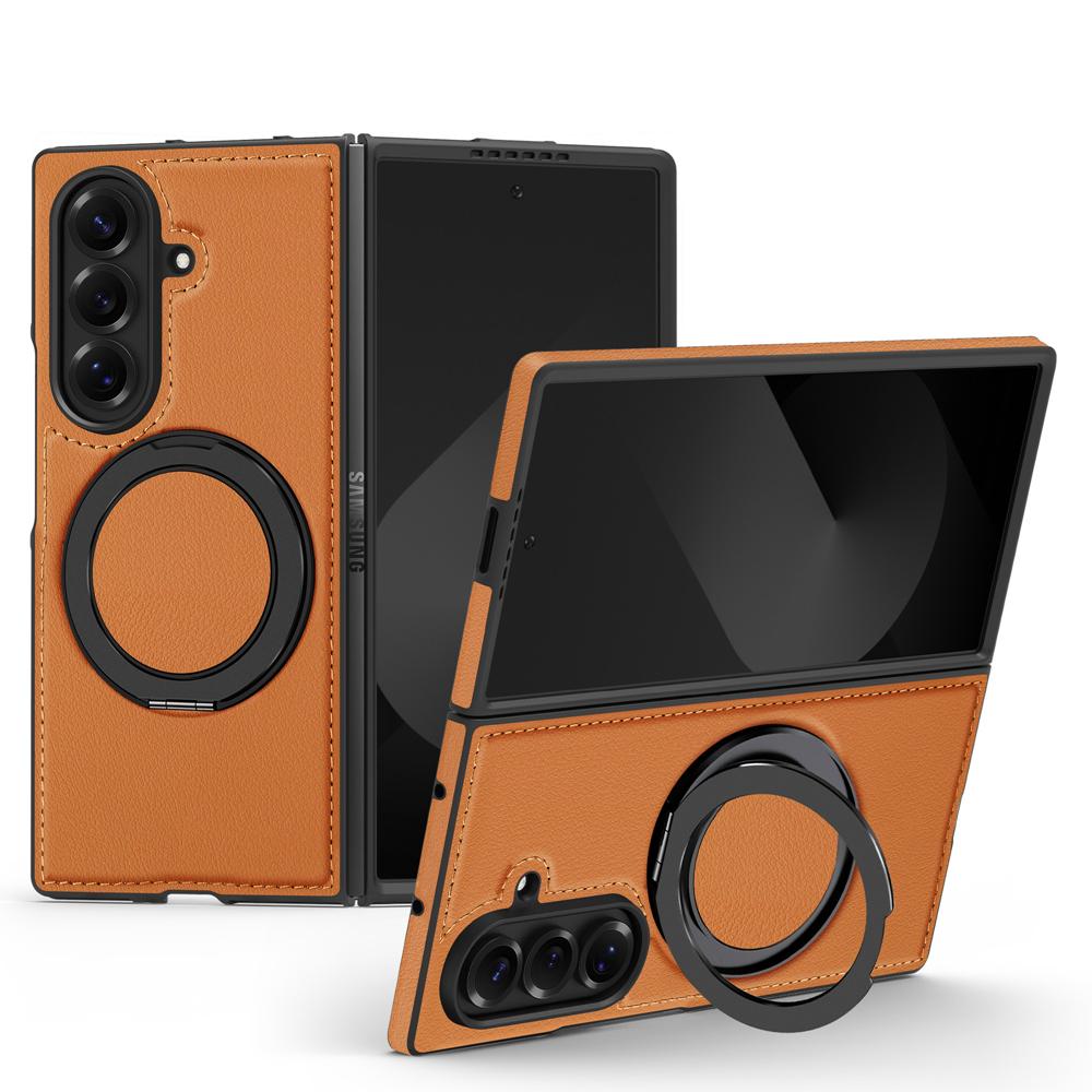 KEYSION 360° Rotating Magnetic Ring Stand PU Leather Case for MagSafe for Samsung Z Fold 7 5G Wireless Charging Phone Back Cover
