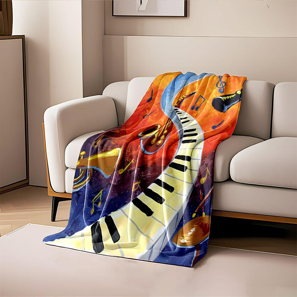 Curved Piano Keys Flowing Through a Colorful Backdrop of Musical Notes. for All Seasons Blanket Lunch Break Throw Gift