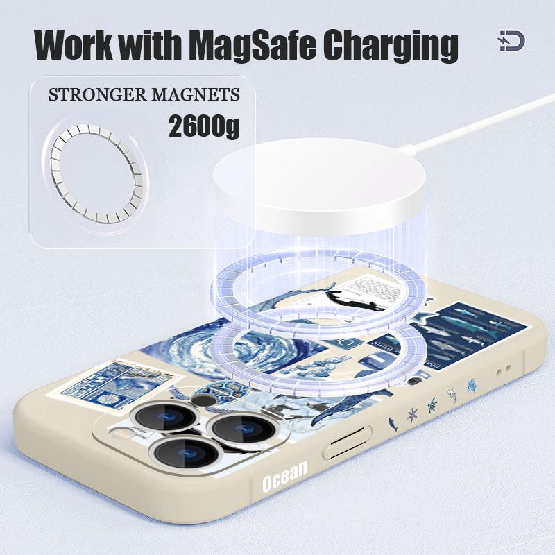 Contrast Color Cartoon Fish Conch Pattern Case For iPhone 16 Pro Max Magnetic For Magsafe Soft Cover For iPhone 17 15 14 13 Pro Max 17E 16E