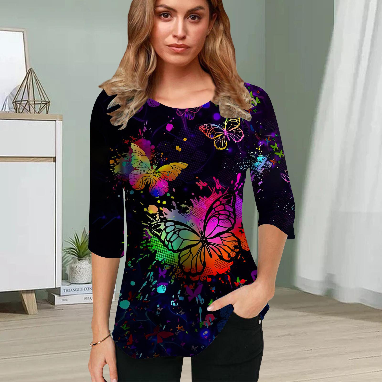 

Женская блузка с принтом 3D «Сумеречная бабочка» и цветочным принтом, топы с коротким рукавом, летние повседневные топы, футболка с круглым вырезом и коротким рукавом 7XL разноцветный