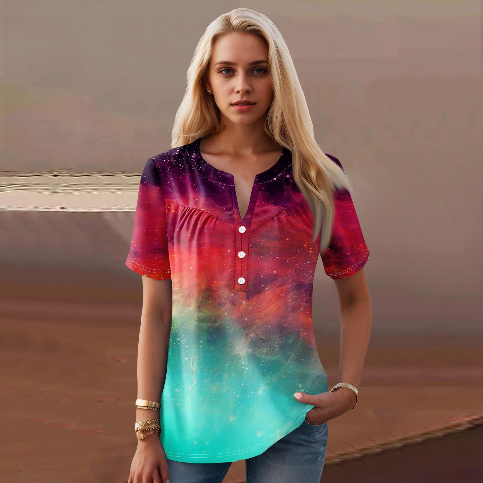 

Жіноча повсякденна футболка з V-подібним вирізом і короткими рукавами з квітковим принтом і декоративними ґудзиками XXL