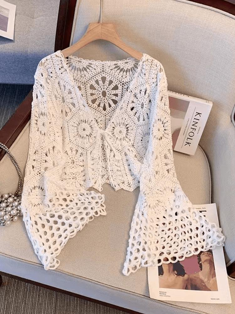 Cárdigan Chal de Ganchillo Bohemio con Cordones - Estilo Verano Resort para Mujer, Top de Manga Larga