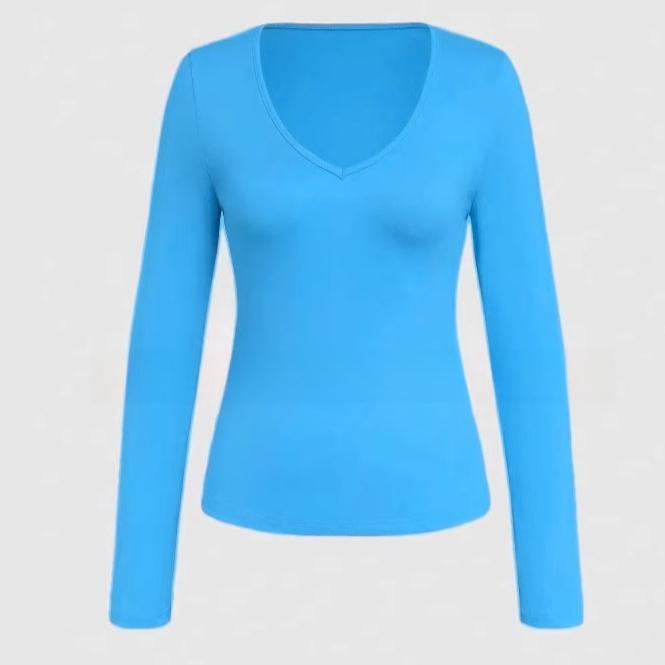 

Горячая девушка Простые футболки с длинным рукавом Однотонные женские футболки XL небесно-голубой