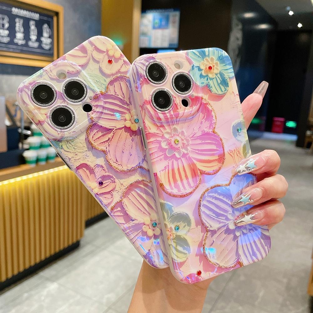 Fashion Blue Pink Purple flowers Pattern Phone Case with lens protective film For iphone 15 14 13 12 Pro Max 11 15plus 12pro Soft silicone Back Cover
