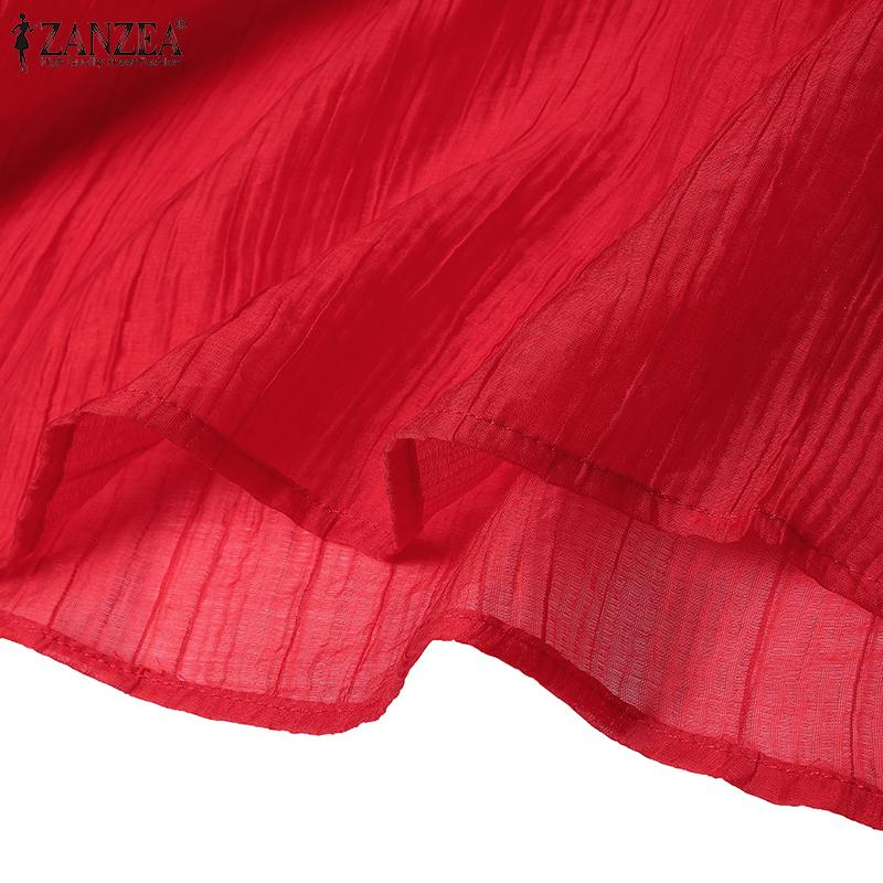 ZANZEA Summer Women Ruffled Sleeveless V Neck Layers Casual Holiday Pleated Dress Sundress