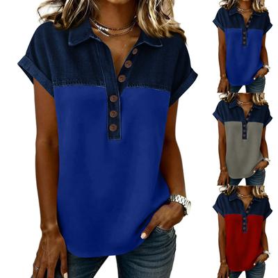 Camicie Patchwork in Denim da Donna Collo Alto Blusa Casual Manica Corta Maglietta Comoda Moda Primavera Estate