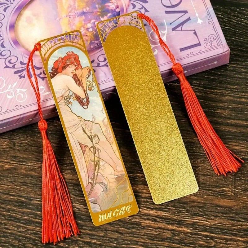1Pc Vintage Painting Metal Bookmark Hollow Golden Bookmark with Tassel Stationery Gifts for Book Club Reader Writers Book Lovers