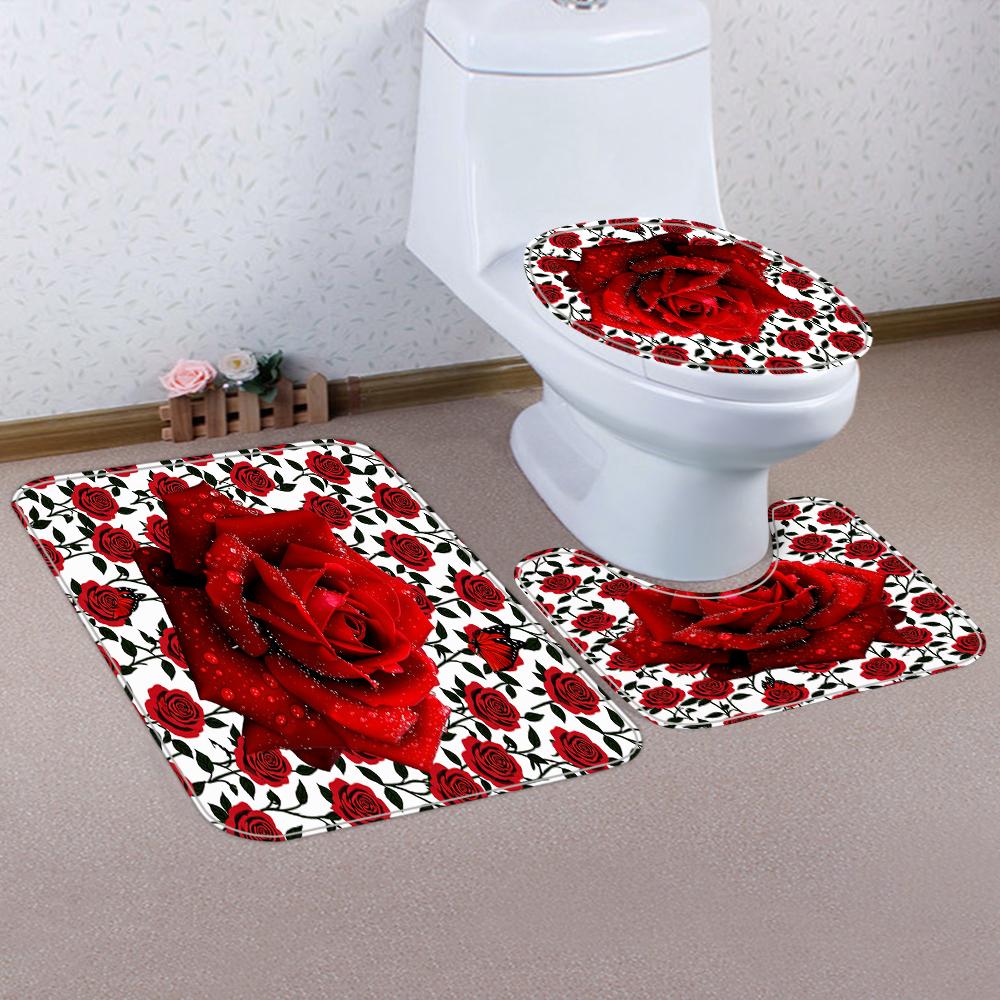 1/4 Rose Print Shower Curtains, Toilet Seat Decoration, Shower Curtain With Carpet And Toilet Lid, 70.8X70.8 Inch