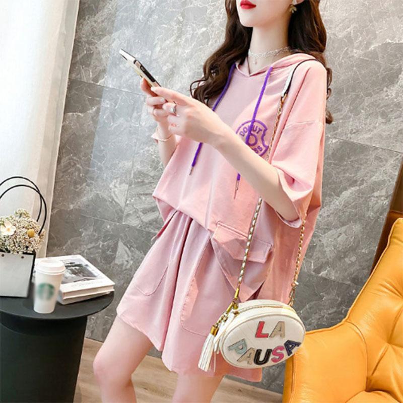 Women Loose Fit Summer Casual Hooded Short-sleeved Sweater Hoodie Sports Shorts Two-piece Fashion Suit