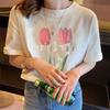 White Cotton Casual ort Sve T-irt Women's Oversize Top Korean Sle Chic Large Size round Ne Print Summer irt