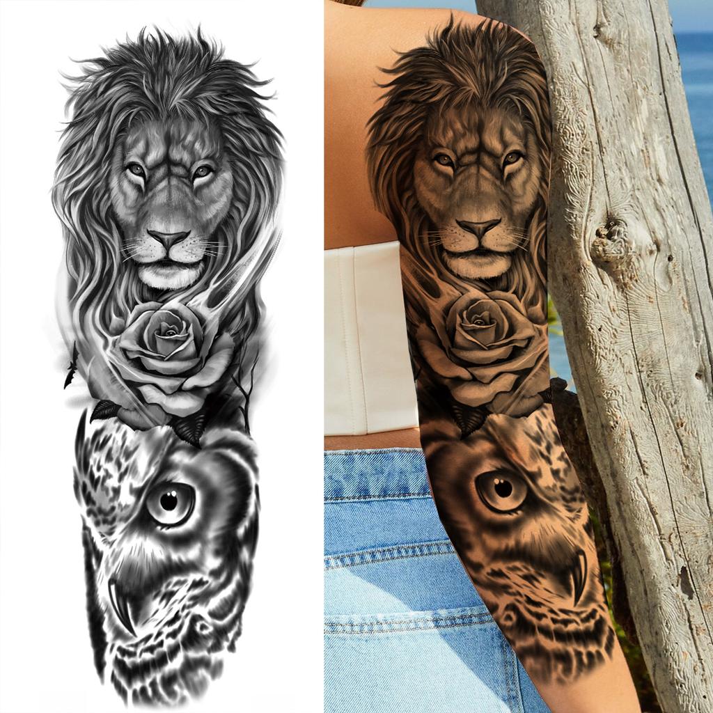 1 Sheet Long Sleeve Temporary Tattoos For Men Women Flower Skull Lion Wolf Tiger Nun Fox Compass Tattoo Sticker Body Art Arm Leg