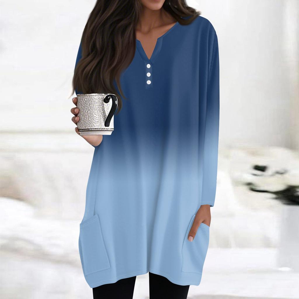 Womens Tops V-neck Button Long Sleeve Blouses Casual Mid-length Shirts Fashion Print Tunic Tops With Pockets