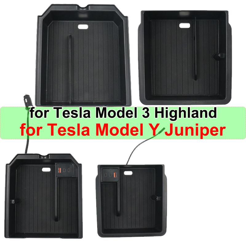 For Tesla Model Y Juniper 2025 Center Control Armrest Storage Box Model3 Highland USB Type C Charging Hub Glasses Clip Organizer