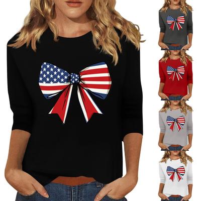 Camiseta informal con cuello redondo y manga 3/4 para mujer, camiseta holgada con estampado del Día de la Independencia, Top para mujer