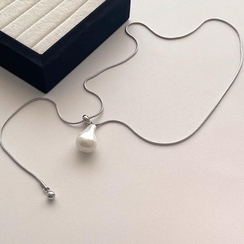 Stainless Steel Pearls Pendant Long Necklace Exquisite Snake Bone Adjustable Chain Sweater Jewelry for Women Party Accessories