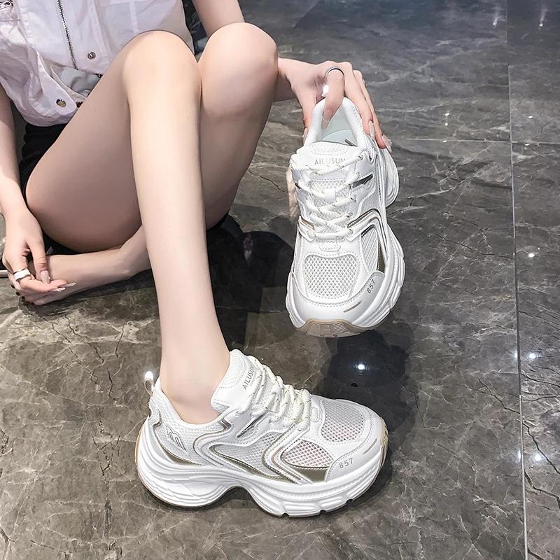 Modne Damskie Sneakersy dla Dorosłych Oddychające Buty Tatusia Damskie Wiosenne i Letnie Gruba Podeszwa Podwyższające Casualowe Buty Sportowe