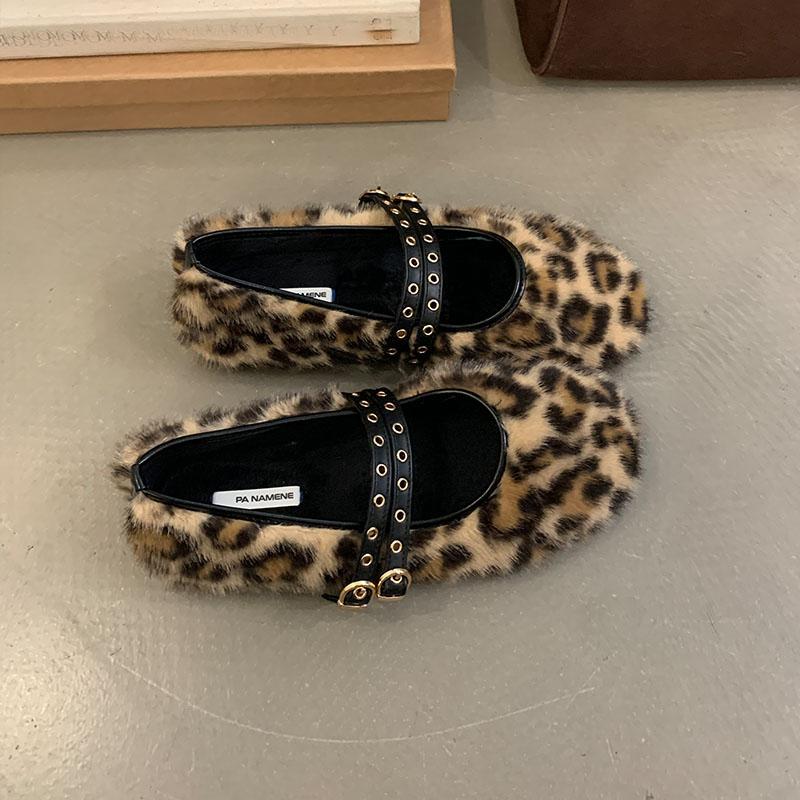 Fashion Fashion Round Toe Women Mary Janes Flats Fur Shoes Female Buckle Strap Footwear Warm Ladies Flats Shallow Shoes